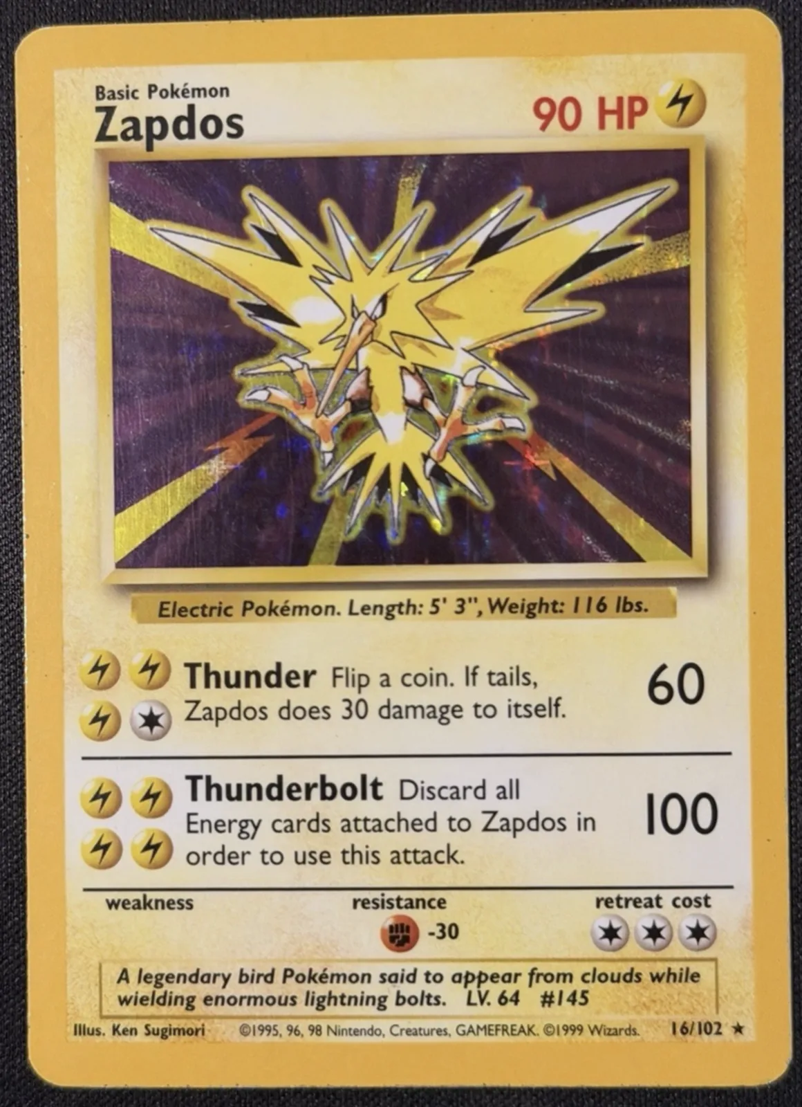 Standard Unlimited Zapdos with rays over a purple background