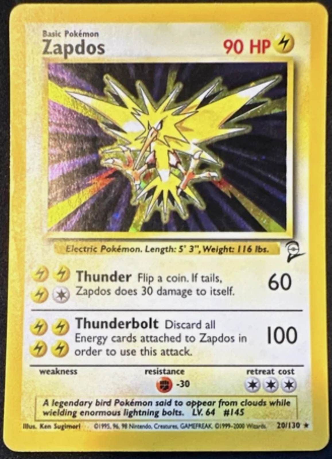 Base Set 2 Zapdos showing dark rays similar to the Black Rays design, printed with the cosmos holo pattern