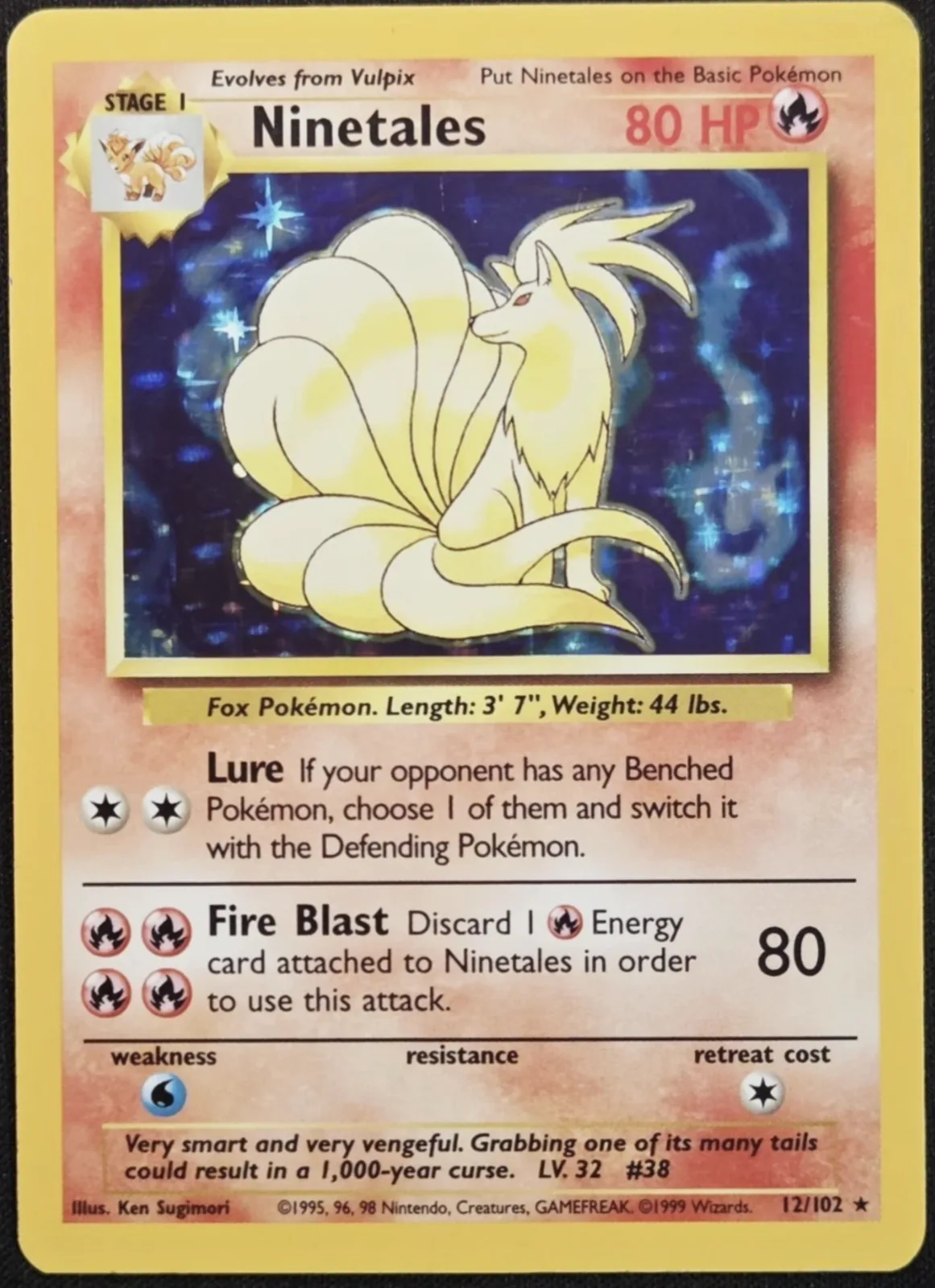 Standard Unlimited Ninetales with a blue background and no black flame