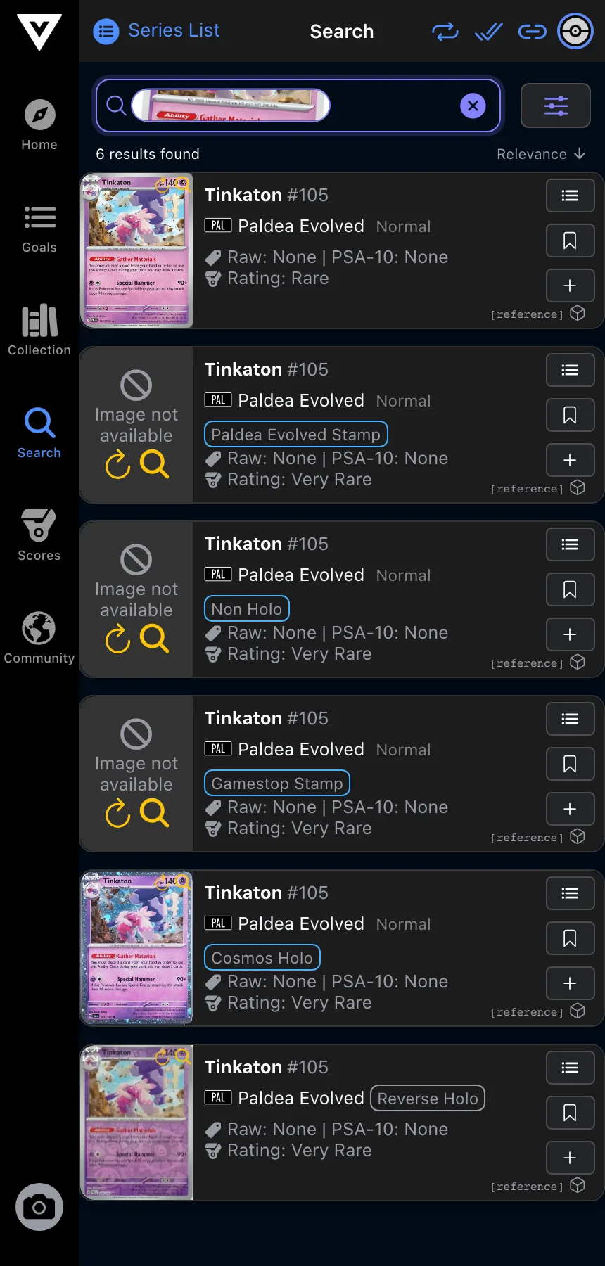 Search results showing six entries, all Tinkaton 105, across Normal, Non Holo, Cosmos Holo, Reverse Holo, and two stamped variants