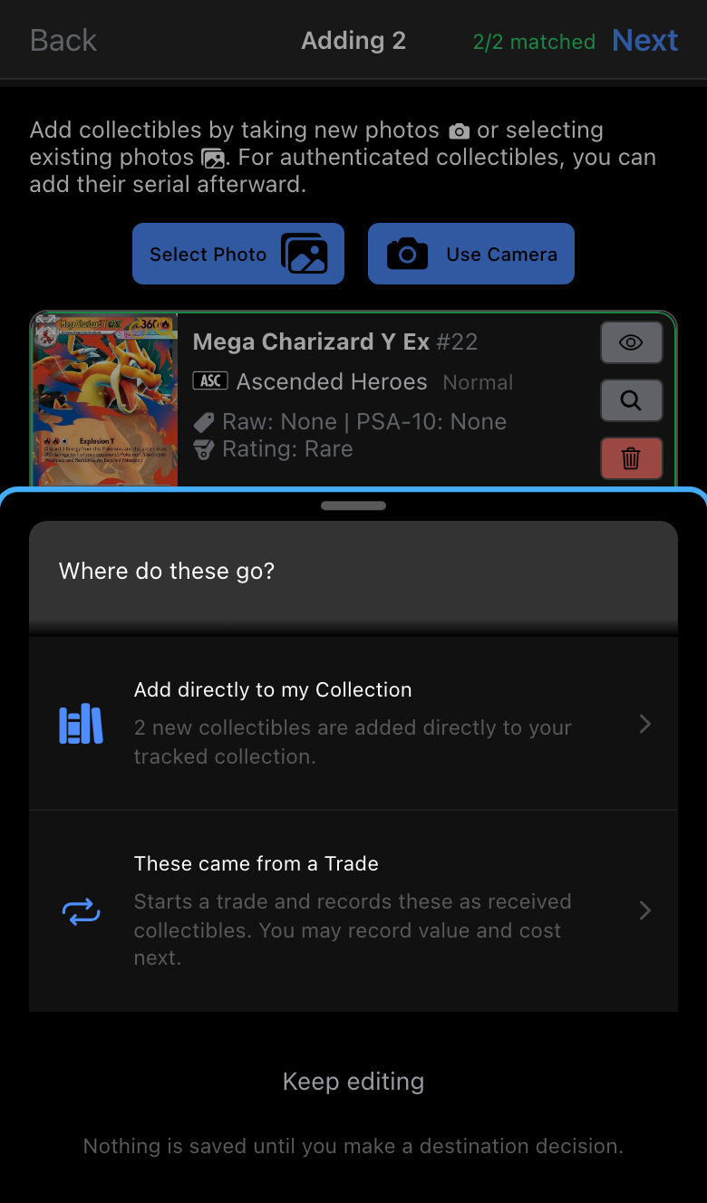 The destination sheet asking Where do these go, offering Collection or Trade