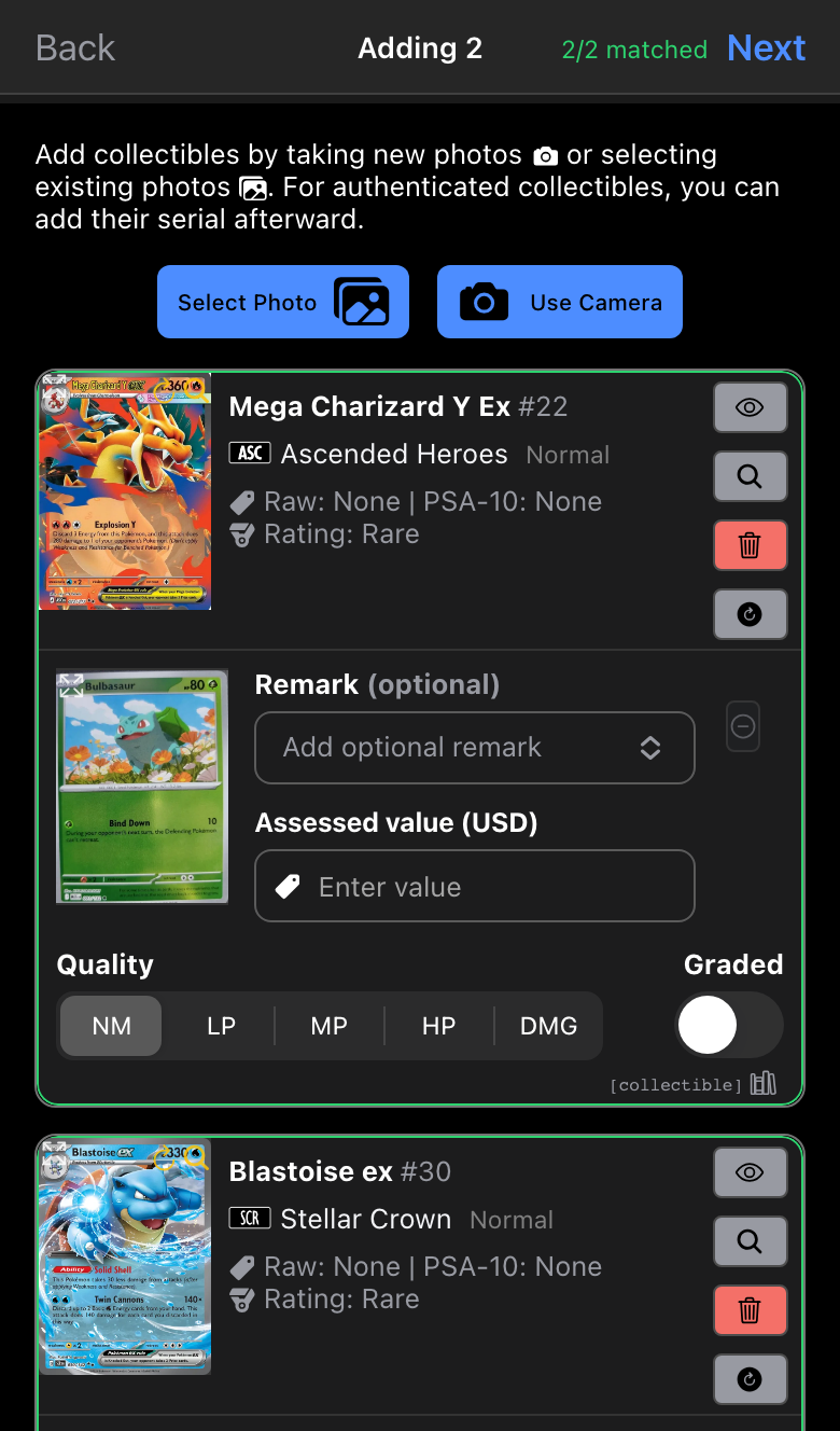 The adding tray showing two matched collectibles and a 2/2 matched counter beside the Next button