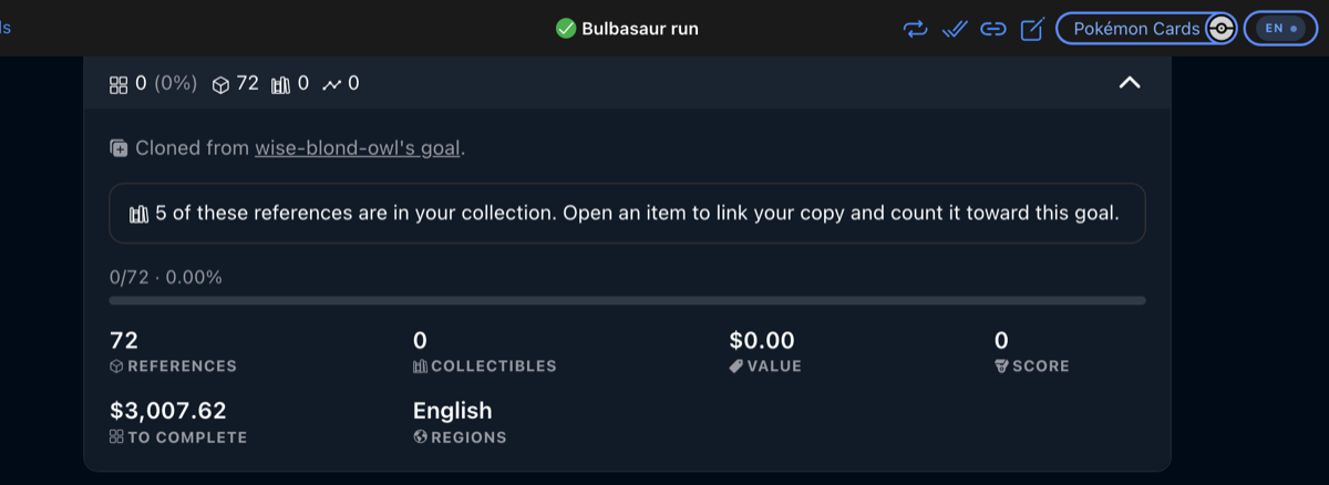 A cloned goal showing its provenance, the overlap with your collection, and 0% progress