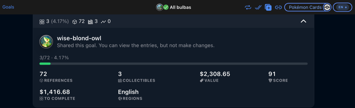 The details of a shared goal, naming the collector it belongs to above the progress and stats